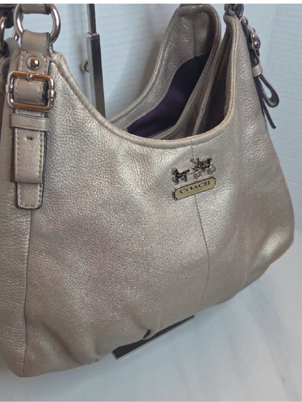 Coach Madison Maggie Metallic Taupe Leather Hobo Bag - Picture 2 of 11